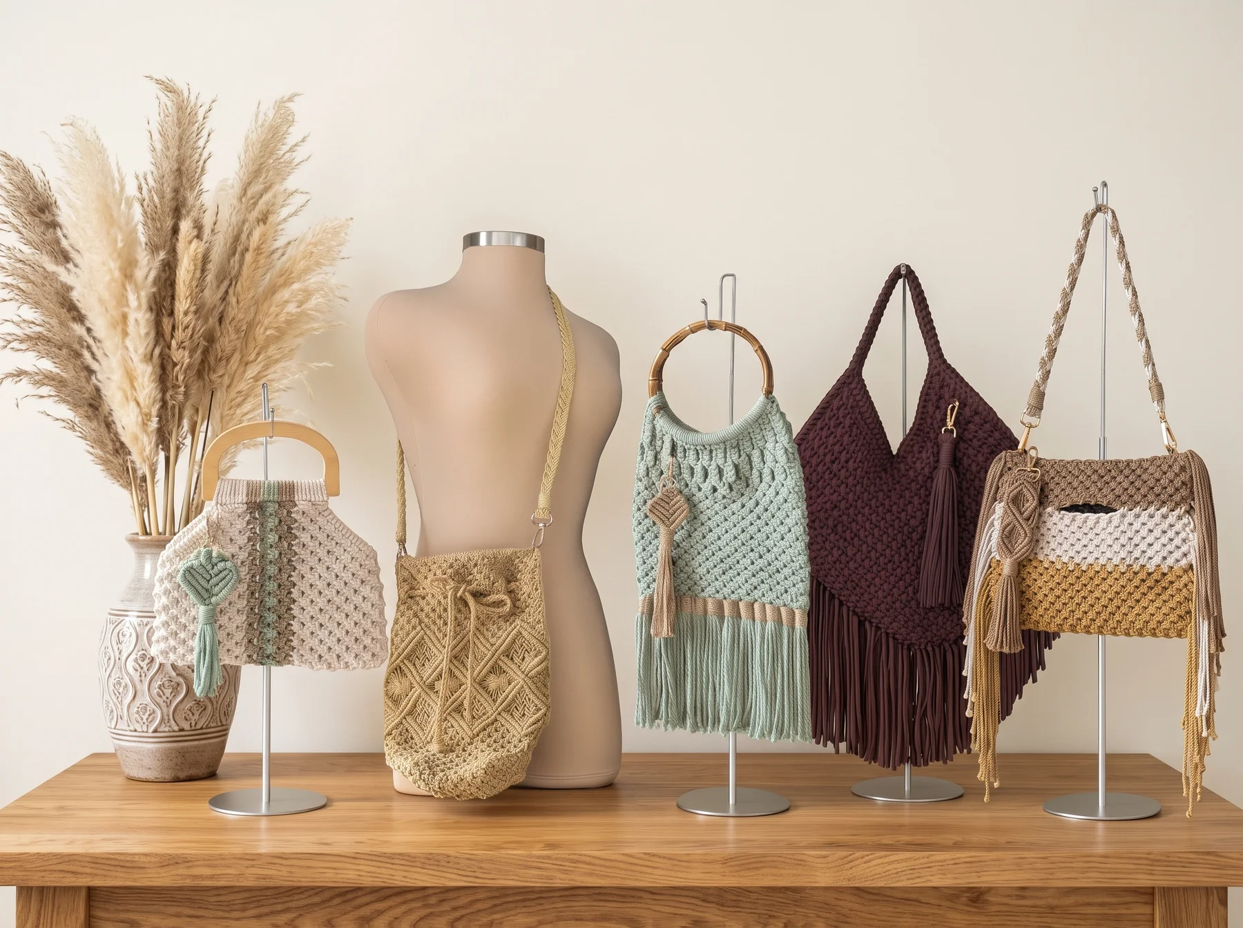 Colección de bolsos de macramé.